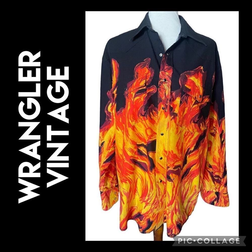 Wrangler Men's Western Bull Flame Vintage Long Sleeve Button-Down Shirt Large